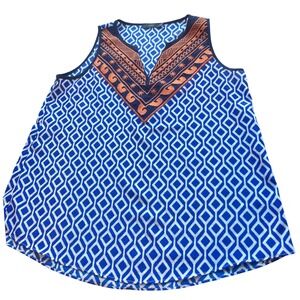 THML women's blue/white geometric sleeveless blouse w embroidery - Small
.